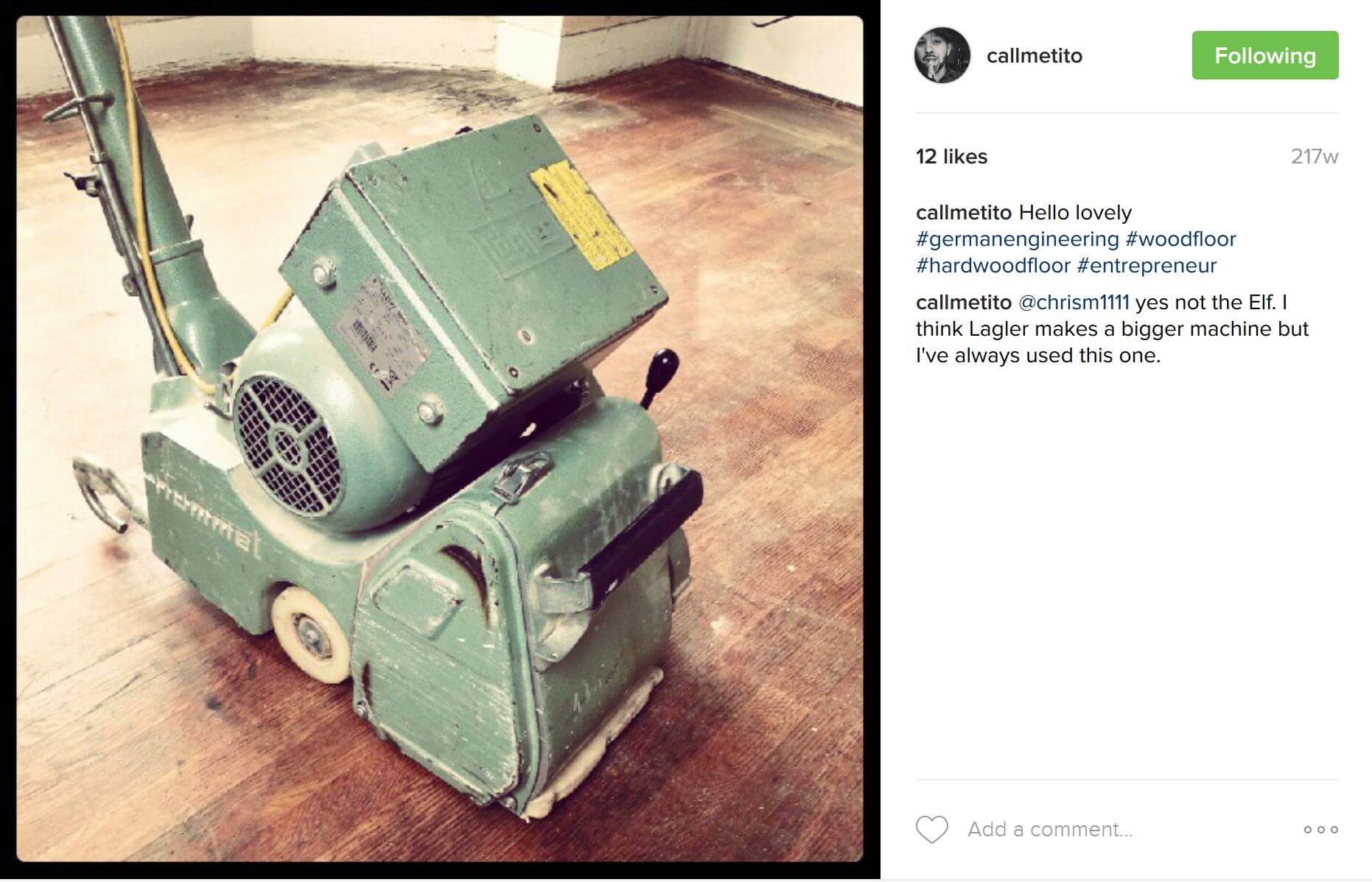 Jorge Boror's first wood flooring Instagram post, in 2012